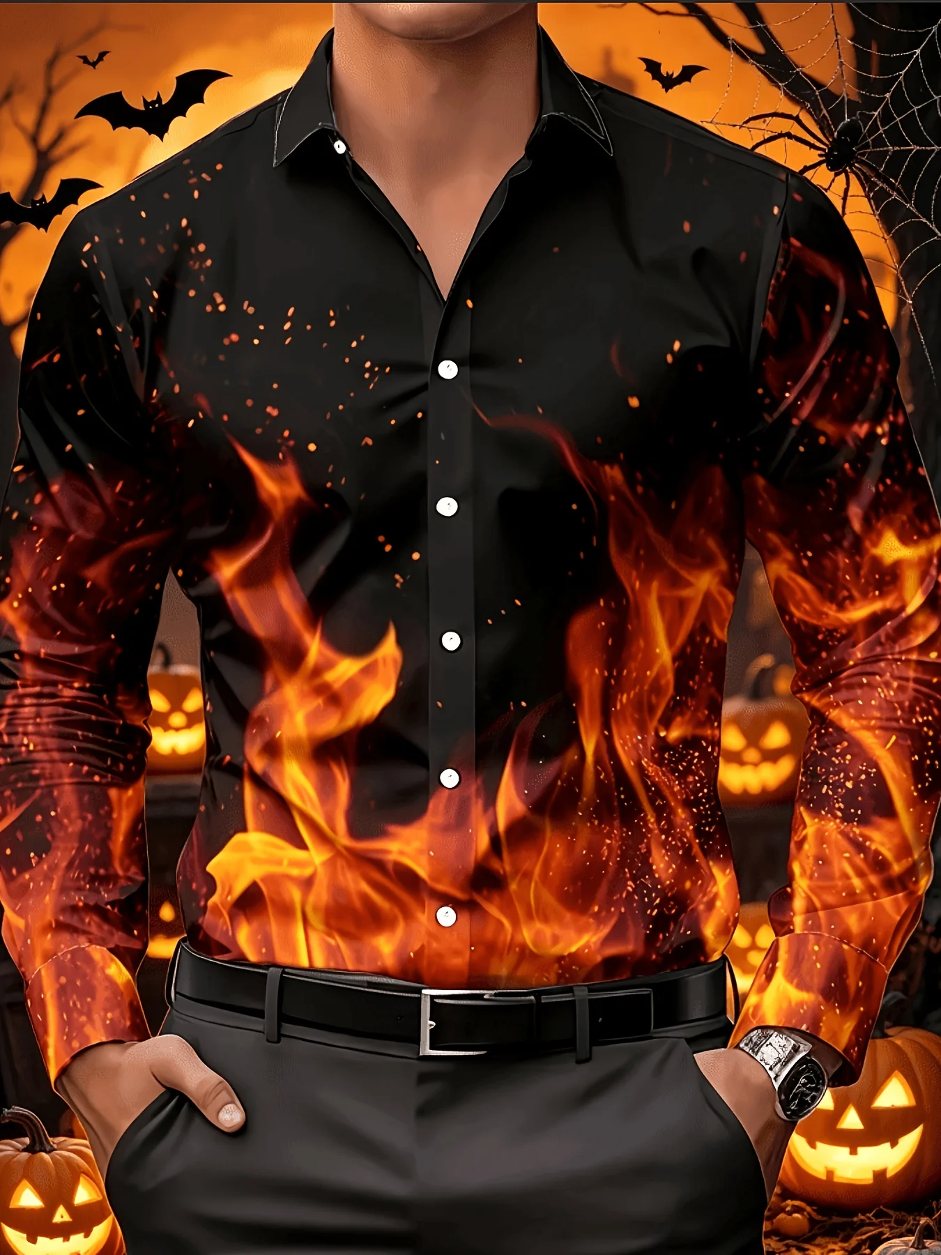 Men Long Sleeve Button Down Shirt Black Fire Flame Glitter Print Polyester Lapel Collar Halloween Party