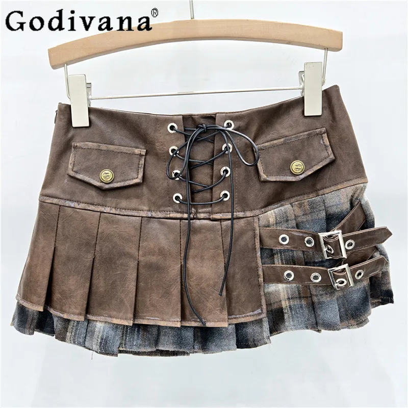 

American Sexy Autumn Winter Heavy Industry Retro Pu Leather Splicing Skirt Sweet Cool Girl Age-reducing Fashion Pleated Skirts