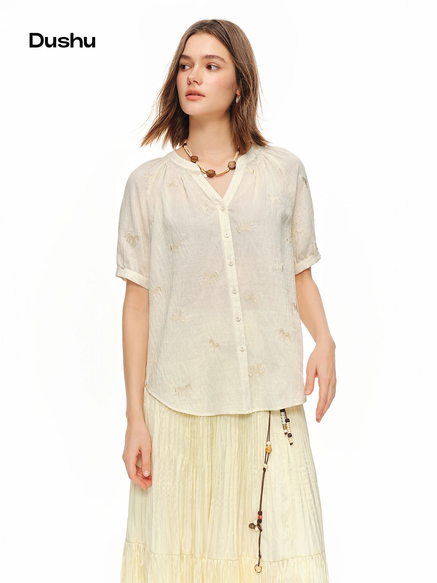 

DUSHU Ladies O-neck Shirt Exquisite Embroidery Short Sleeve Soft Elegant Blouse Casual Commute Top Daily Office Gentle Outfit