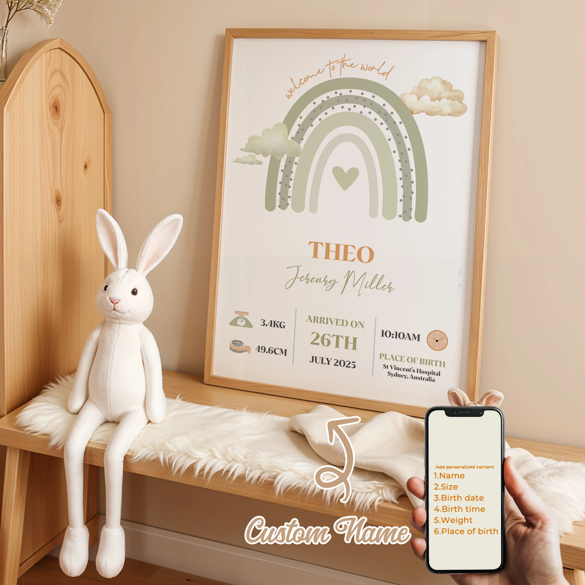 ภาพพิมพ์ติดผนังลายสายรุ้งสีเขียว พร้อมชื่อและวันเกิดแบบกำหนดเอง สำหรับตกแต่งห้องนั่งเล่น ห้องเด็ก ของขวัญตกแต่งบ้าน