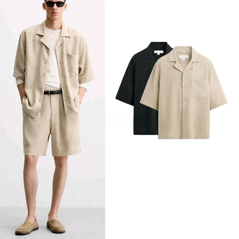 

Loose Fit Mixed Fiber Short Sleeve Bowling Shirt Men's Fashion Urban Style Summer Shirt Warmth Regular Length Button Closure