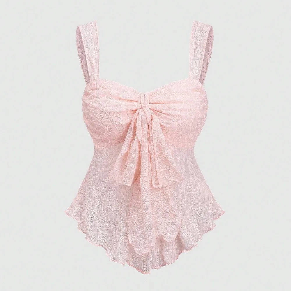 Solid Color Lace Camisole Vest Lace Jacquard Sweetheart Neck Bow Decoration Vest A-Line Cut Backless Design Waist Cinching Top