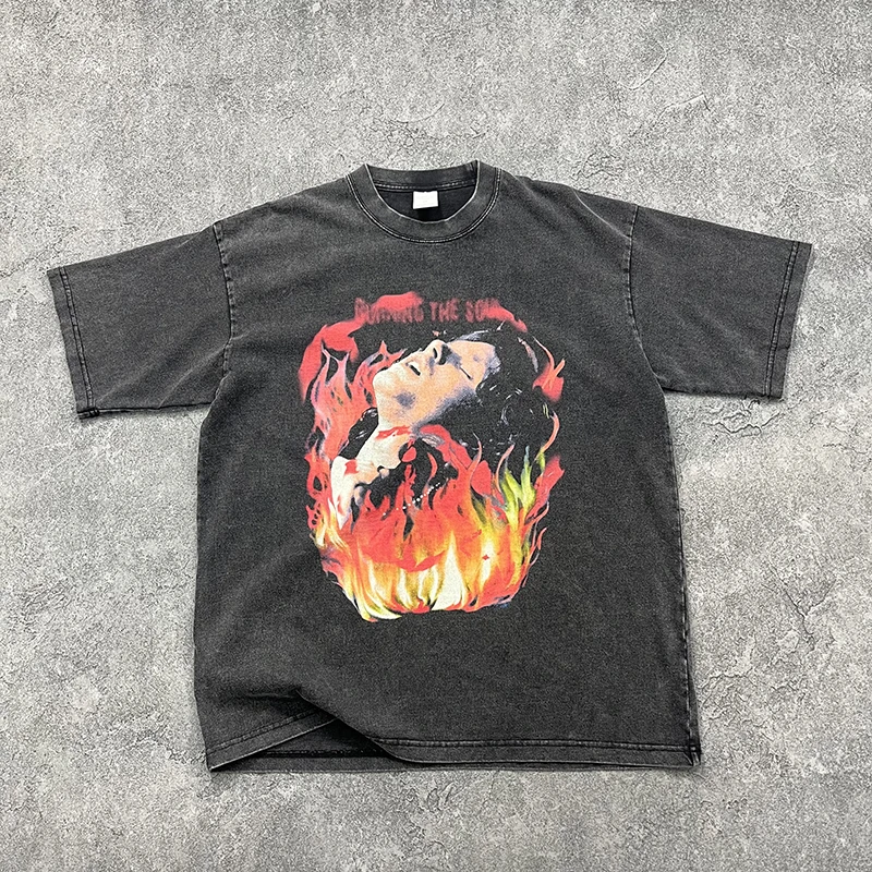 Artiemaster American High Street Retro Rock Fire Boy Print T-Shirt Wax Dye Washed out round Neck Short Sleeve Casual Unisex