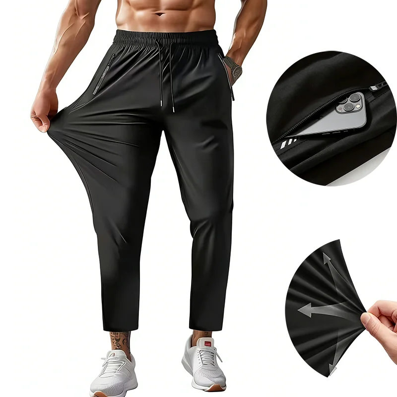 

Summer Men High Stretch Outdoor Running Fitness Trousersdaily Wear Casual Pants Letter Print Regular Fit With Pockets