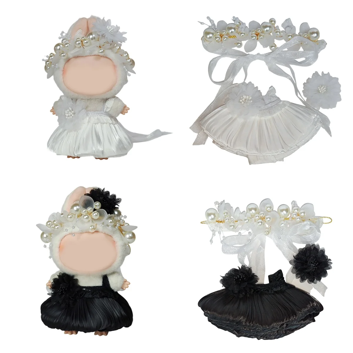 

For Labubu Doll Black White Outfit Set Pearl Flower Headpiece Elegant Dress Plush Toy Cosplay Costume Accessories