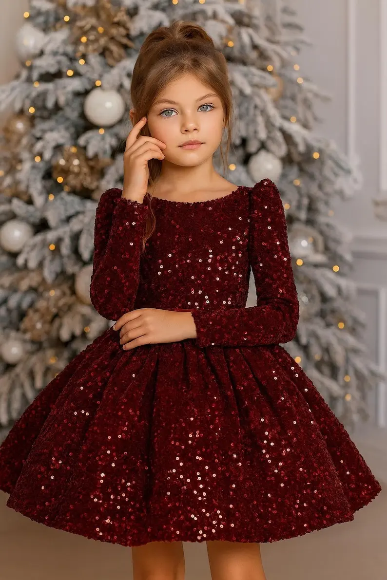 Vestido de fiesta infantil con lentejuelas color burdeos, elegante traje navideño para niñas, vestidos de niña de flores para bodas, vestido de princesa de noche
