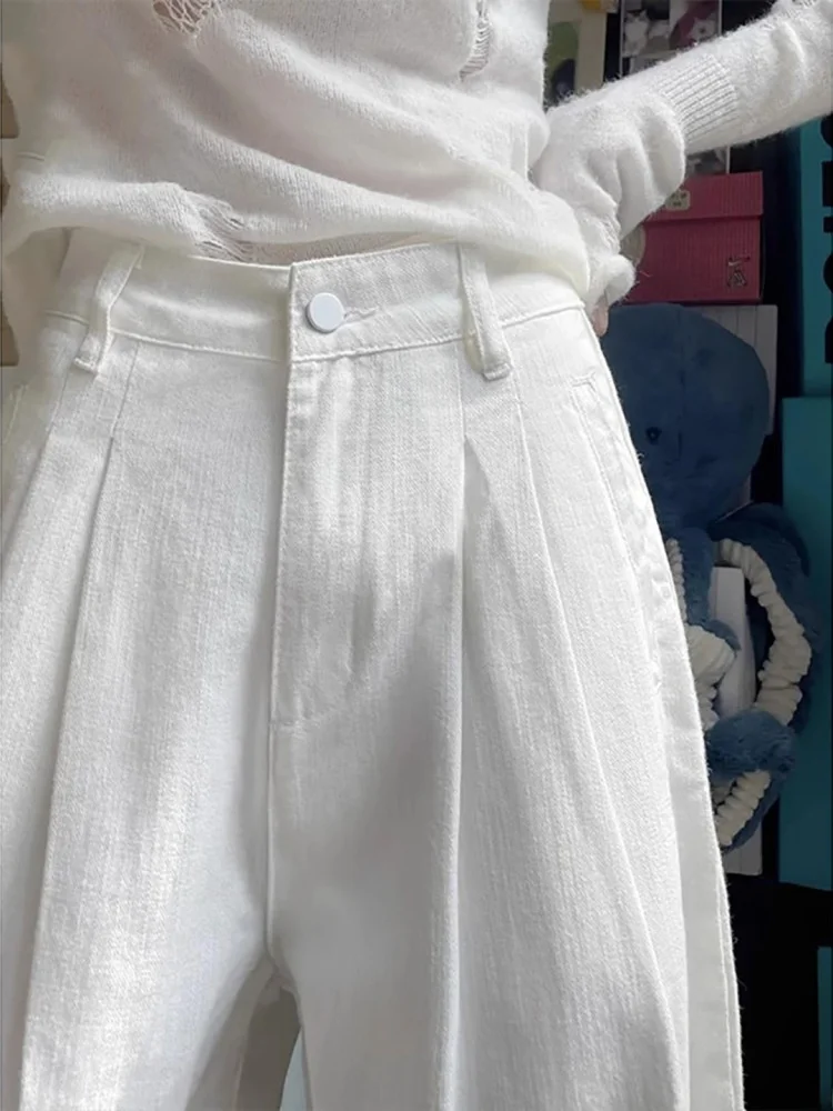 

High Waist Straight Leg Denim Jeans Women's Summer Long Pants Dra Cool Feeling Floor-Length Jeans White Folded