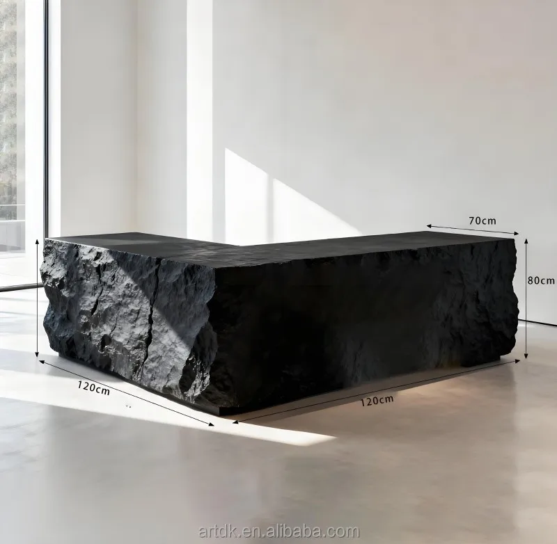 B020 L-shaped Rough Rock Texture Reception Desk Matte Black Stone Front Desk For Company Lobby Spa