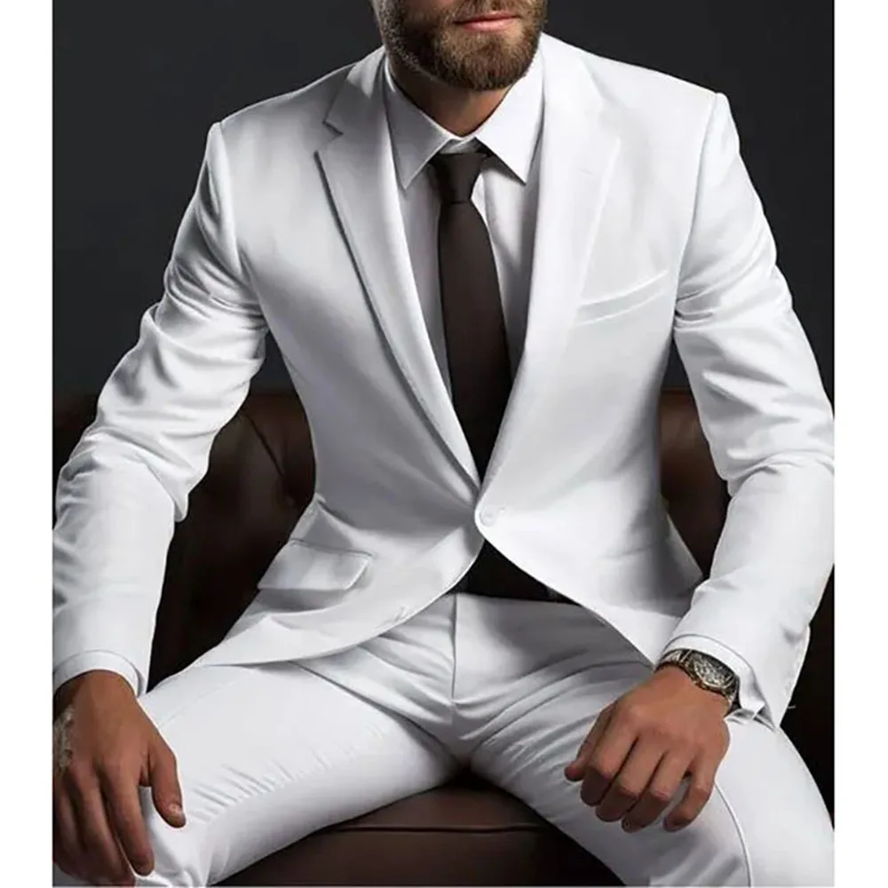 Handsome White Suit for Men Two Pieces (Jacket+Pants) Single Breasted Notch Lapel Costume Homme Business Wedding Groom\'s Set