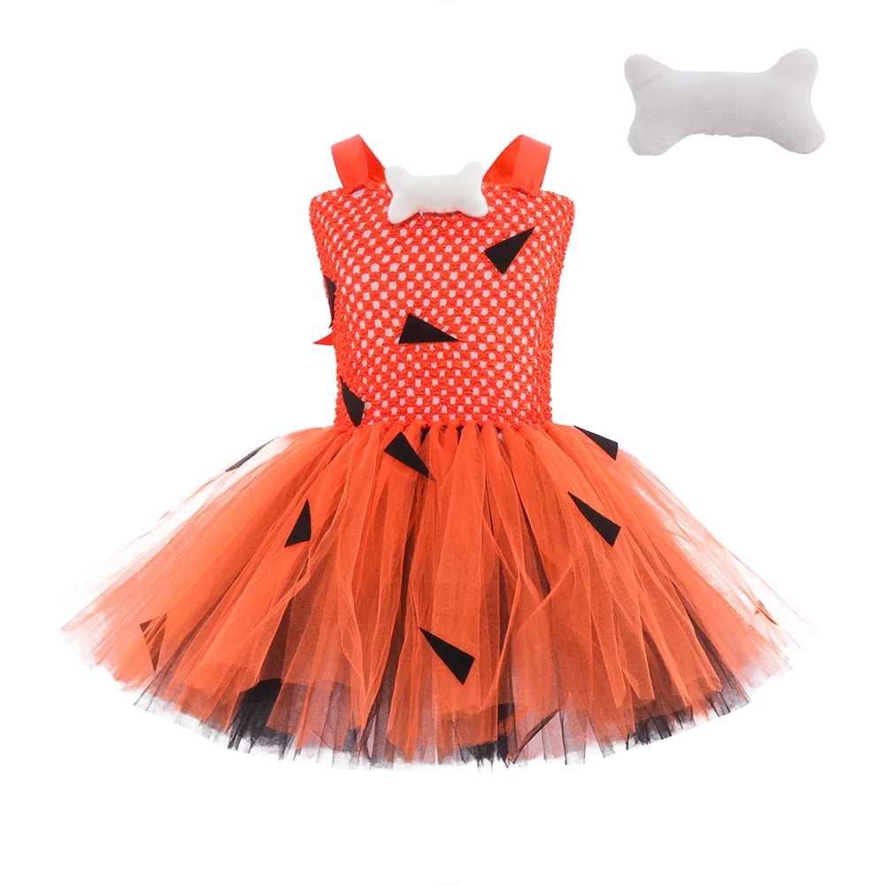 Latest Pebbles Flintstones Bone Costume Kids Girl Halloween Party Dresses Role Play Cartoon Tutu Dress Children Carnival Clothes