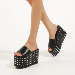 Studded Women's Platform Sandals High Heels Wedge Open Toe Slip On Backless Mules Summer Slippers Shoes Big Size