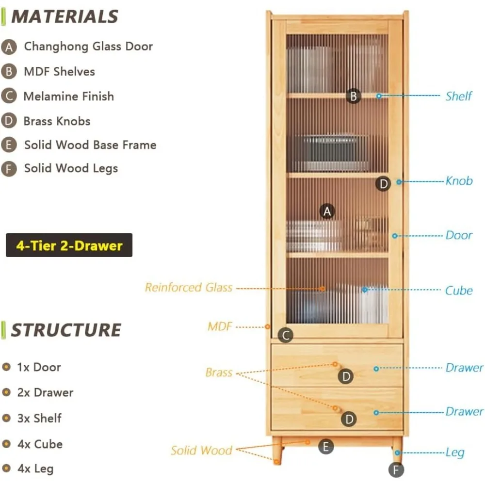 Wooden Glass Door Bookcase - 4-Tier Cube Bookshelf Storage Cabinet with Double Drawer and Adjustable Shelf, Bookcases