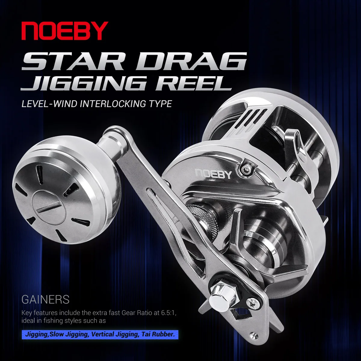 Moulinet de jigging léger Noeby, 12 kg de résistance maximale, frein étoilé, moulinet de jigging lent, moulinet de baitcasting pour la pêche en mer, 383 g, rapport de transfert 6.5:1