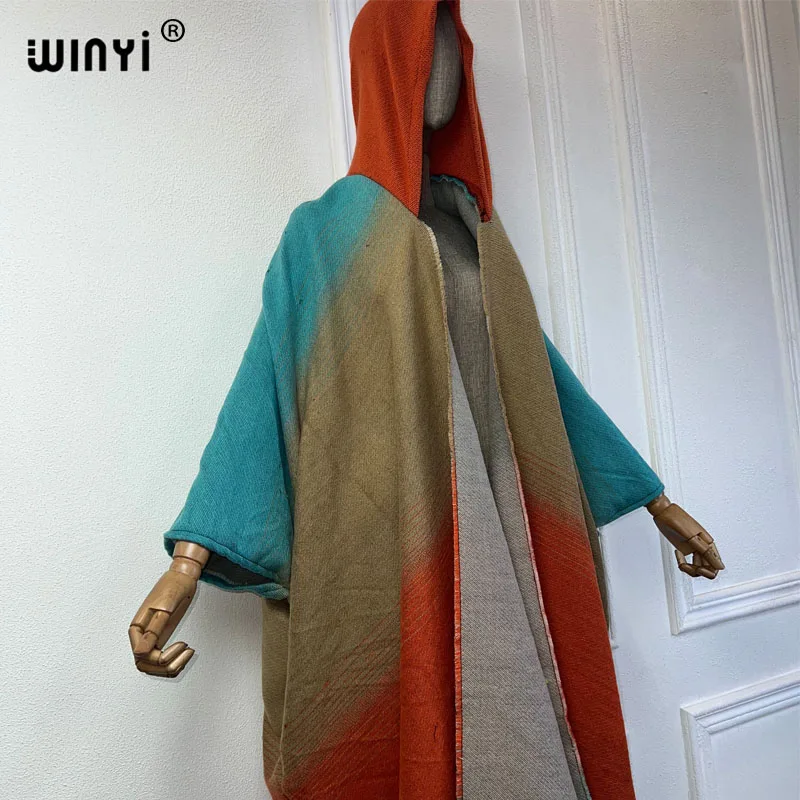 WINYI Winter coat outfits Women boho dress print Thick Warm Female kaftan loose cardigan dress Hooded mop coat fashion Abaya