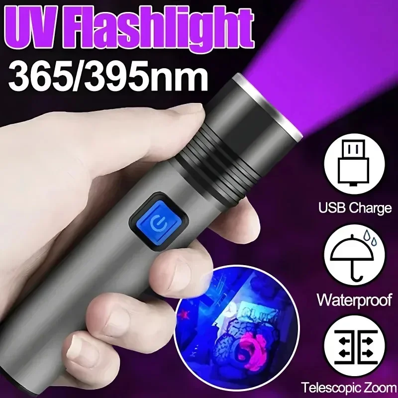 

УФ-фонарик Blacklight с возможностью масштабирования, перезаряжаемый через USB, 395 нм УФ-свет, ультрафиолетовый фонарик для детектора мочи домашних животных, отверждение смолы