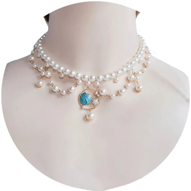 Handmade Lolita Retro Baroque Gem Necklace Ocean Shell Pendant Pearl Necklace Wedding Sweet Collarbone Chain Necklace Accessory