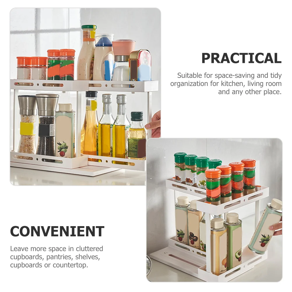 

Kitchen Pull-Out Storage Organizer Sleek White Kitchen Cabinet Organizer Under Sink Storage Rack for Seasoning Jars Countertop