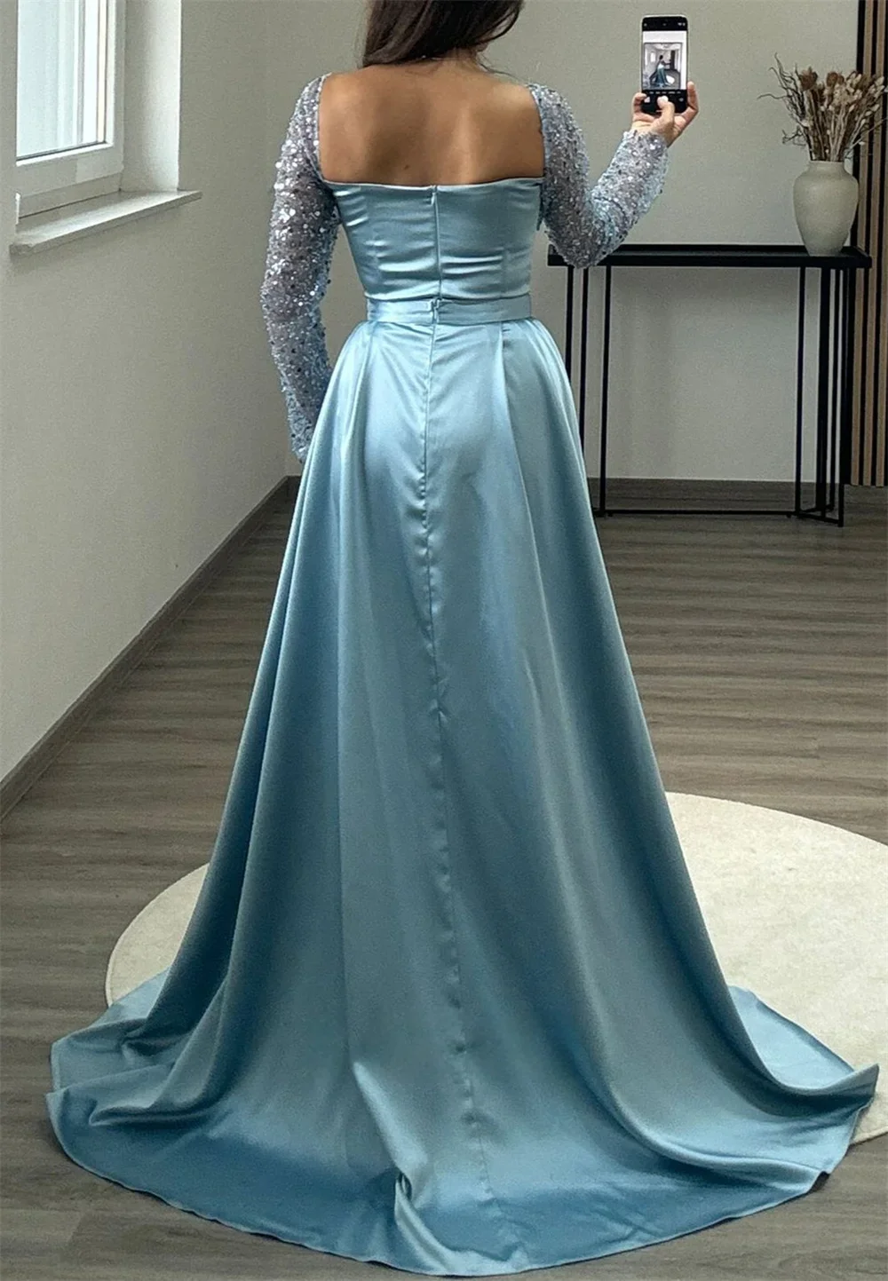 ที่กําหนดเอง Mermaid สแควร์ลูกปัดชุดราตรีอย่างเป็นทางการซาตินแขนยาว vestidos de noiva ที่ถอดออกได้รถไฟพรหม Gowns