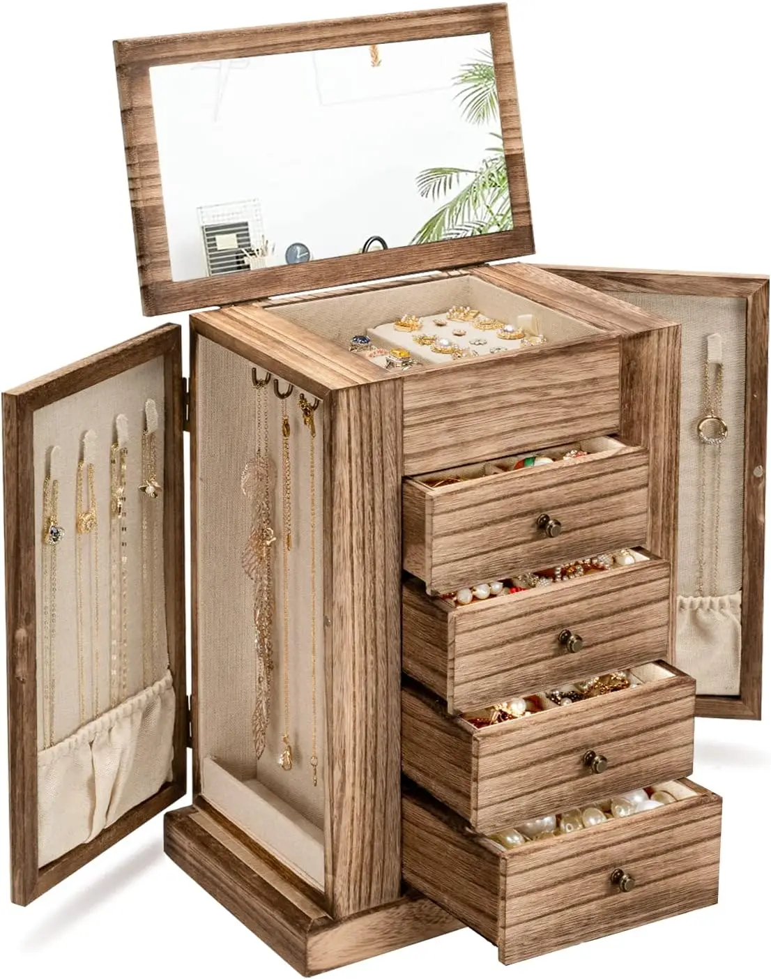 Jewelry Box Women 5 Layer Large Wood Boxes Organizers Necklaces Earrings Rings Bracelets Rustic Organizer with Drawers  Mirro