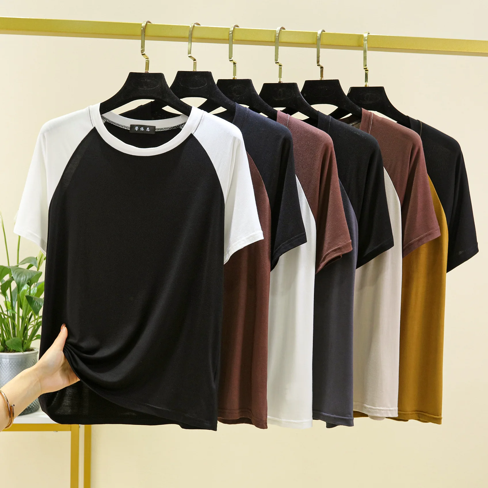 Women Modal raglan sleeve Tshirt O-Neck Contrast Color Casual Loose tee tops 2 color spliced T-shirt streetwear base shirt