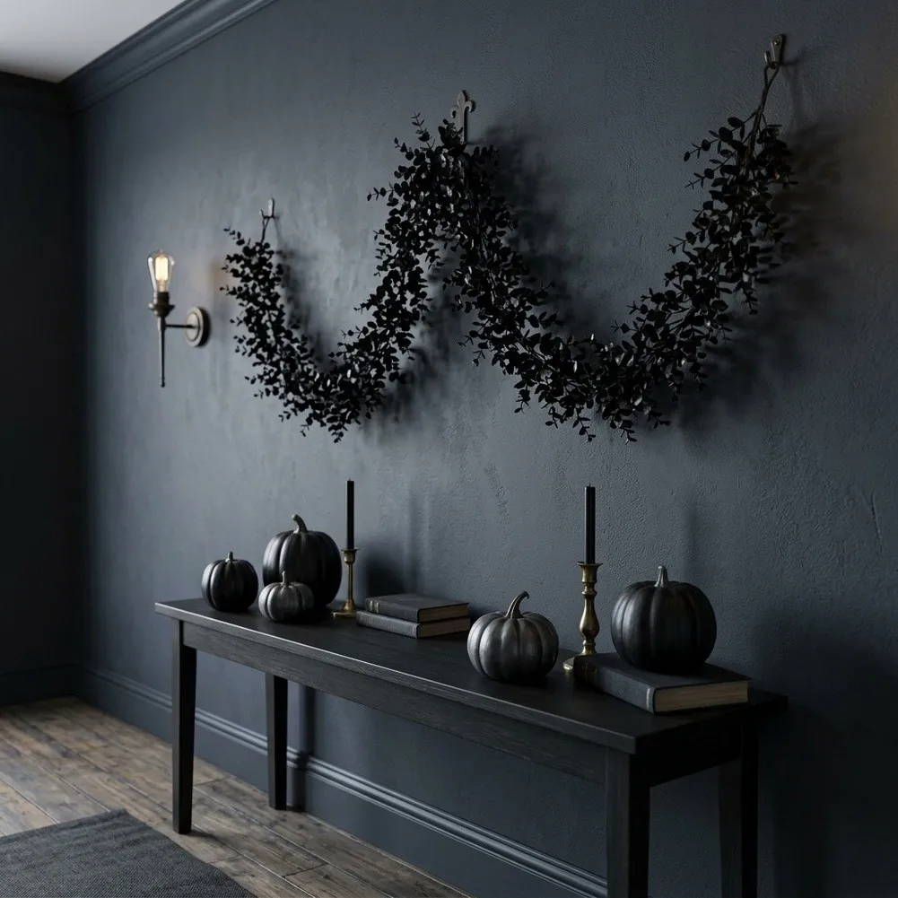 For Halloween Wedding Decor Black Eucalyptus Leaves Halloween Home Decor Lifelike Silk Flower Design Injection Molding Craft