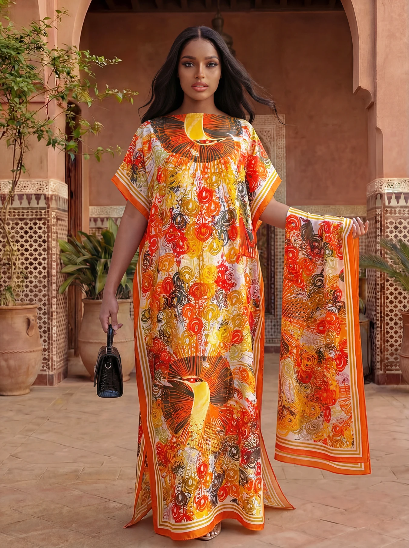 New African For Women Summer Sun protection Short Sleeve Cotton Dress Gold Stamping Loose Lady Print Dress With Big Scarf MOOMOO