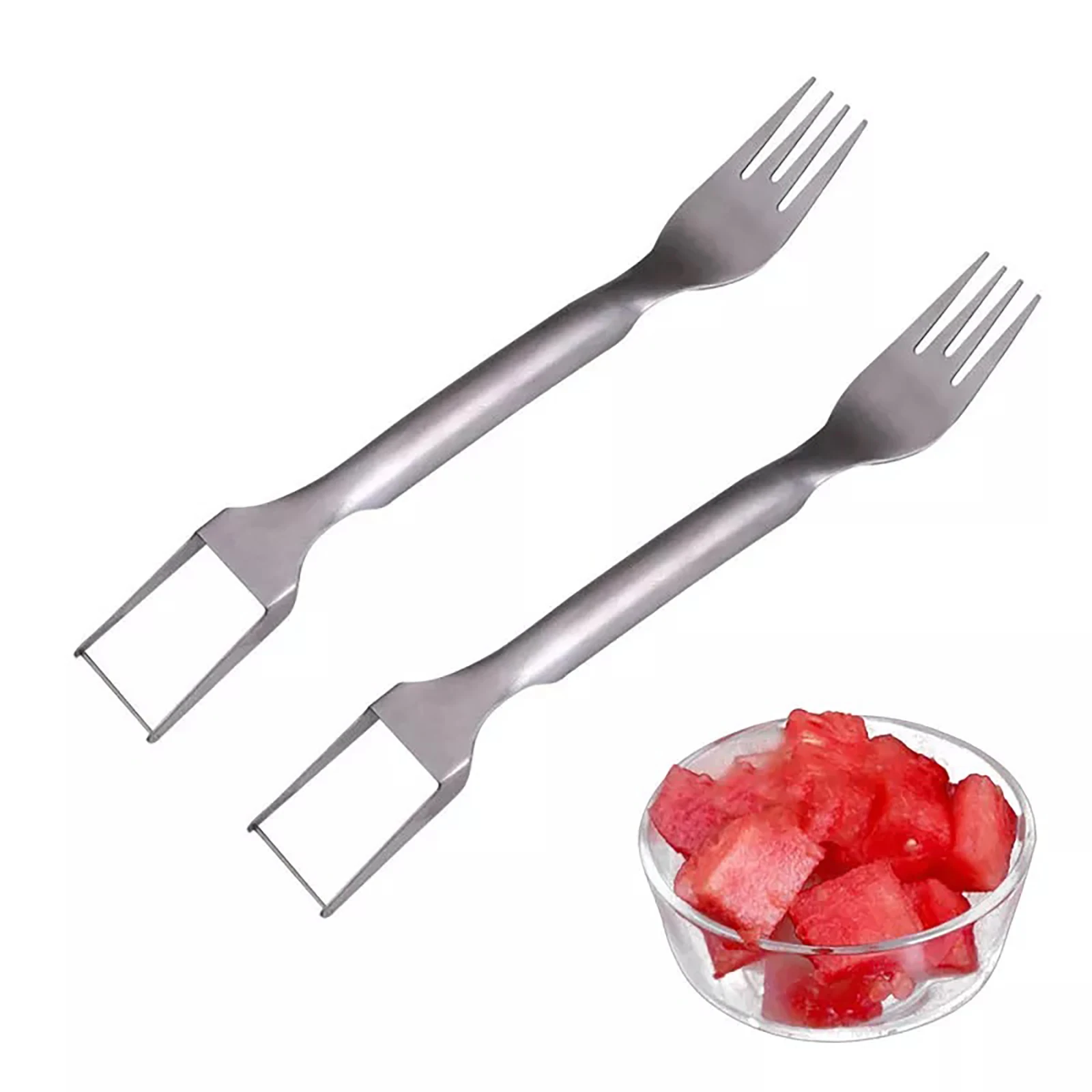 2Pcs/Set 2 in 1 Watermelon Fork Watermelon Slicer Cutter Knife Multi-purpose Portable Stainless Steel Kitchen Fruit Cutting Fork