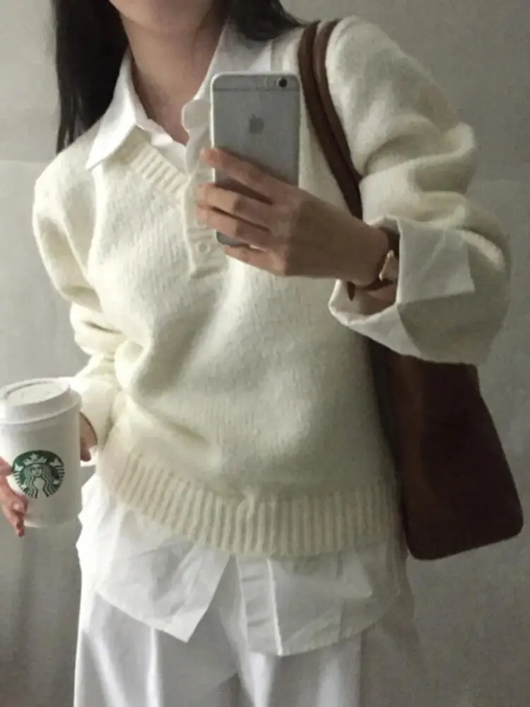 

Женская рубашка с воротником-поло, искусственный топ из двух предметов, вязаный свитер с длинными рукавами, весенний новый ретро-шик, корейский минималистичный дизайн