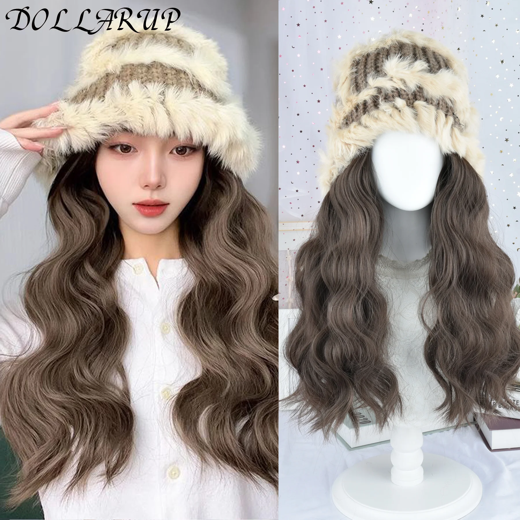 Synthetic Hat Wig Beanies Hat With Hair Wigs For Women Long Wavy Hair Warm Soft Ski Knitted Autumn Winter Cap Heat Resistant