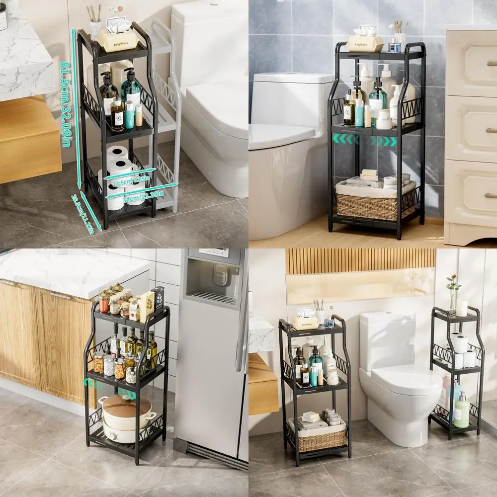 

Трехъярусный расширяемый металлический стеллаж для компактного хранения в ванной, прачечной и на кухне (черный)