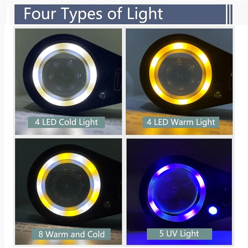 -A89Z 30X Jewelers Loupe Magnifier USB Rechargeable With UV & LED Lights, Four Types Of Light For Gemstone, Coins, Stamps