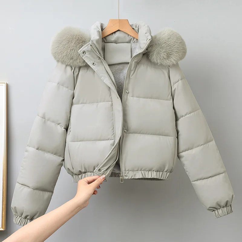 

Women Winter Fur Collar Hooded Parka Fashion Patch Zipper Pockets Design Jackets Elegant Slim Warm Thick Female Outerwear