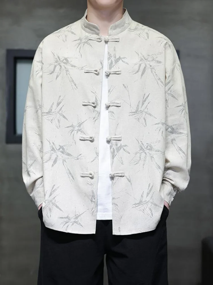 

Loose Fit Printed irt Thin Menswear Hanfu Stand Collar Tang Costume Large Size Zhongan Suit Polyester Fiber Long Sve