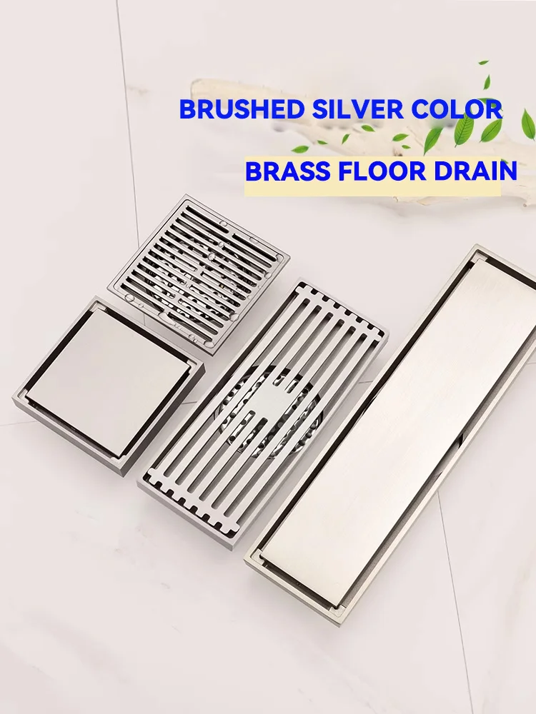 Brass Light Colored Floor Drain, Nickel Color, Brushed Silver,Washing Machine, Bathroom, Shower, Invisible, Long Strip,