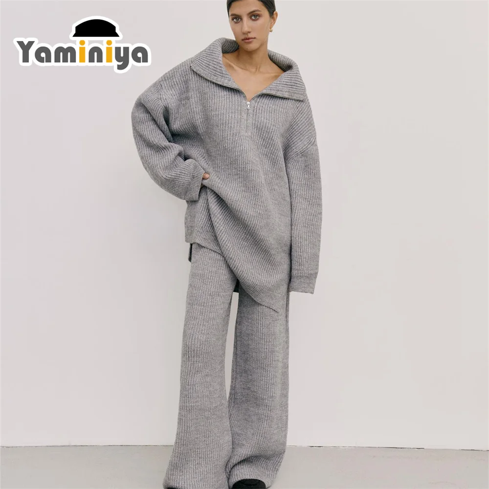 Yaminiya Winter Minimalist Women's Sports Suit Solid Turn-Down Collar Sweater+ Pants Knitted Sweater Two-Piece Set 2024 New