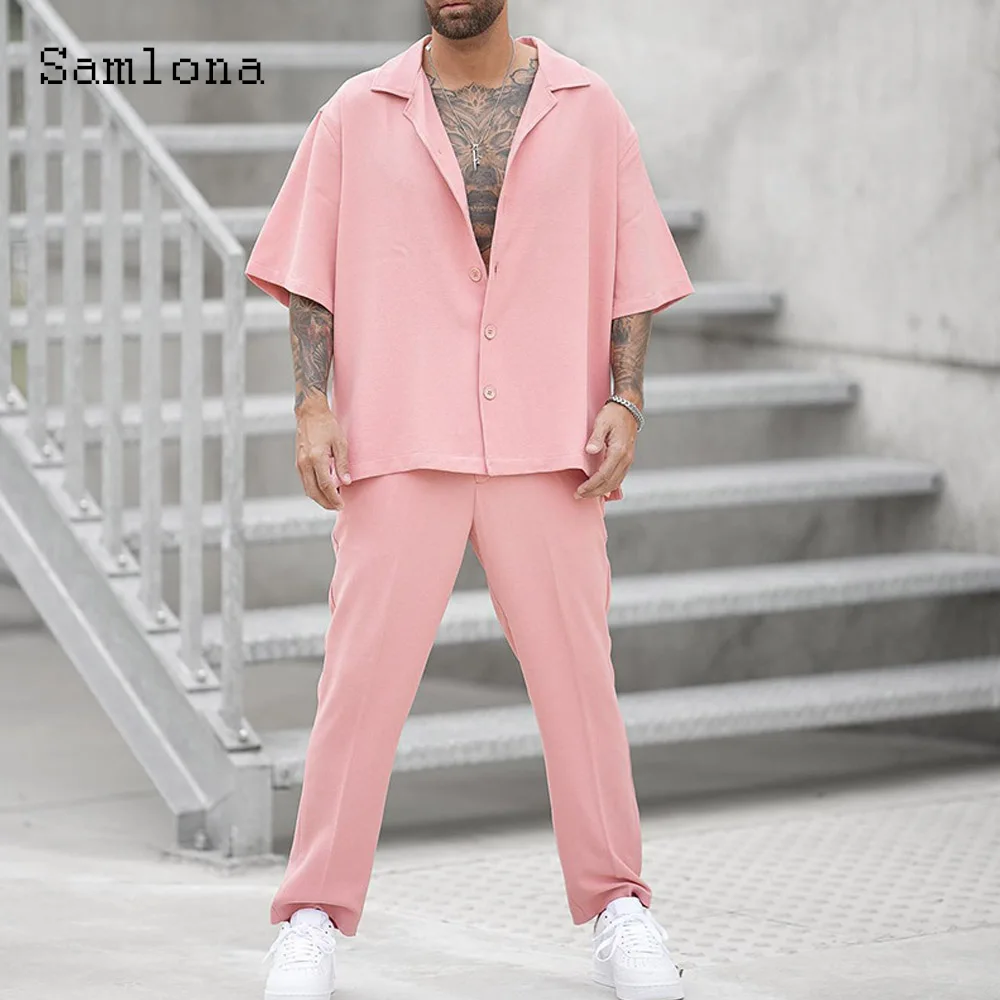 Samlona Plus Size Mens Casual Beach Tracksuit Sets 2024 European Style Two Piece Set Men Vintage Basic Tops and Solid Pants Suit