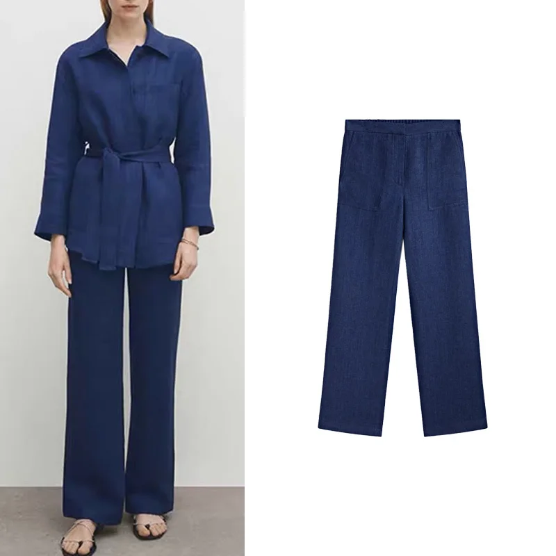 High Waist Commuter Casual Denim Look Long Pants Set Women's Fashion 2024 New Arrival Wide Leg Pocket Detail Polyester Fiber