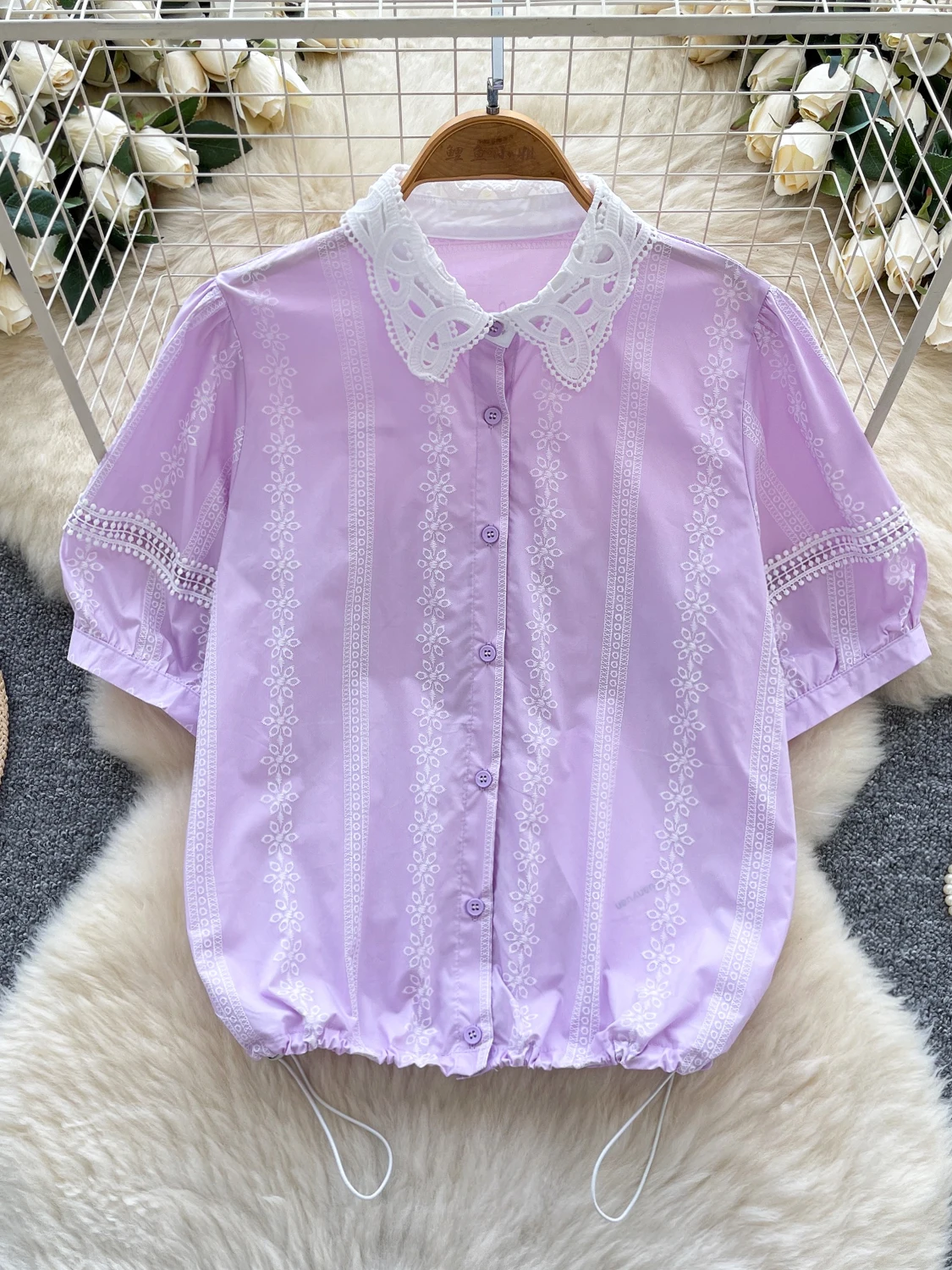 

Sweet Gentle Lace Collar Bubble Sve irt Women's Summer Design Dstring Waist Embroidery Ele Top Korean Sle Loose...
