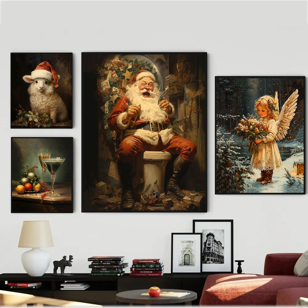 Retro Christmas Gingerbread House Christmas Tree Santa Victorian Art Poster Canvas Paintings Wall Art Pictures Home Decor