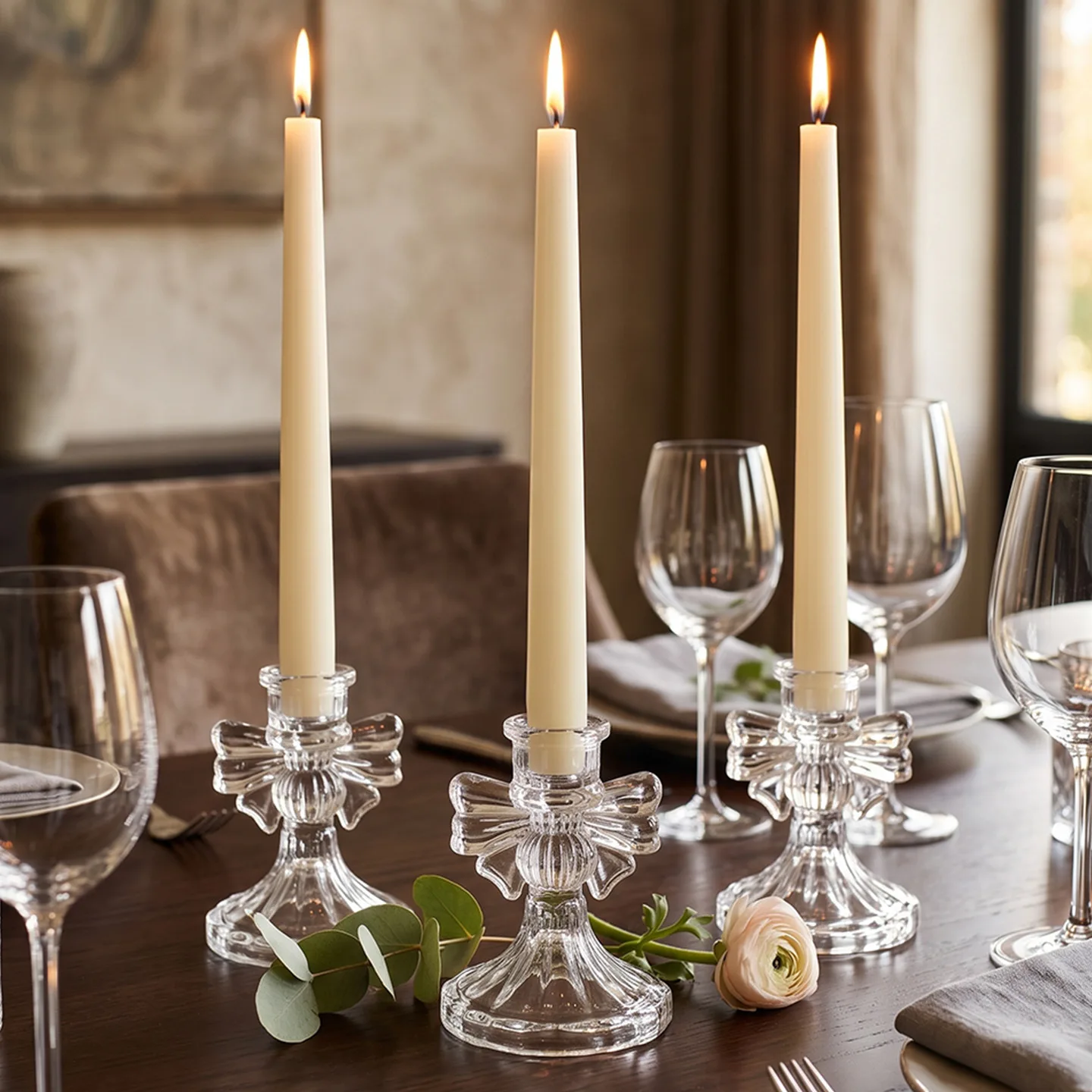 Bowknot Glass Taper Candle Holder Ribbon Candlestick Home Dining Table Decor Wedding Party Romantic Dinner Tabletop Ornament