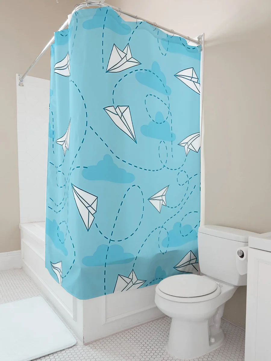 

‌ Уникальная занавеска для душа из синей бумаги в самолете ‌ Дизайн с облаками в горошек для декора ванной комнаты Водонепроницаемая устойчивая к плесени ткань