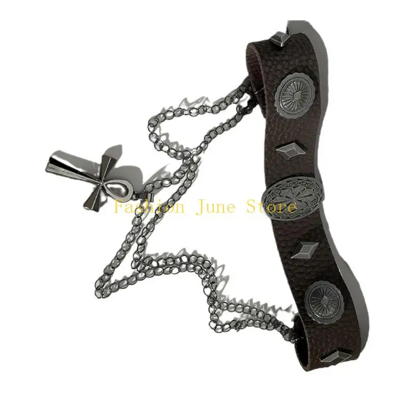 N5KA Fashionable Leather Punk Choker With Crosses for Street Styles Photography