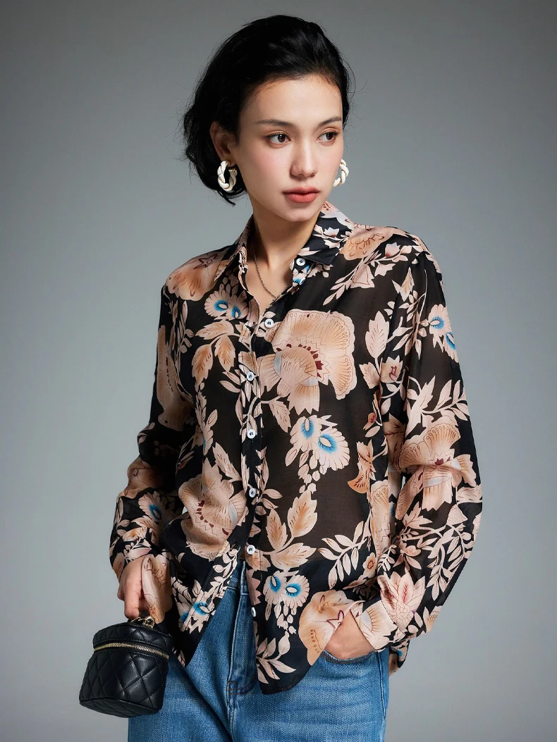 SuyaDream, Woman Floral Shirts, 30%Silk 70%Cotton, Turn Down Collar, Flowers Black Blouses, 2024 Spring Summer Top