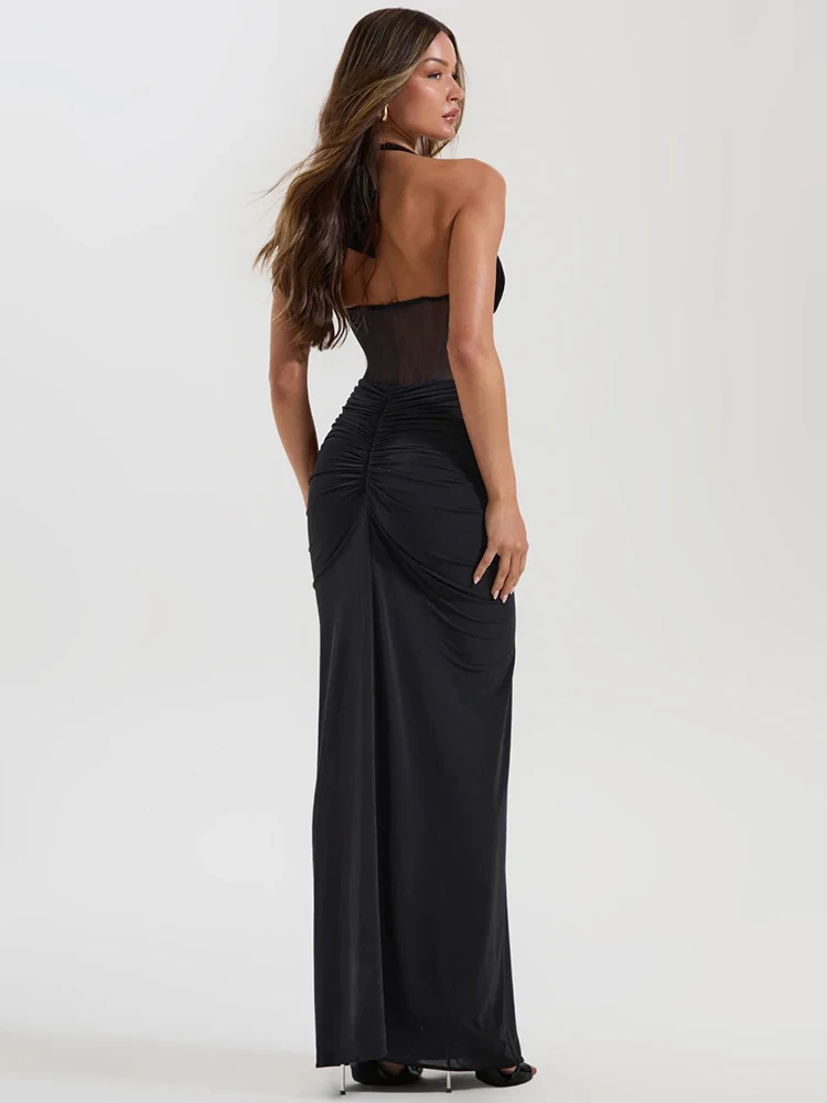 Mozision الرسن عارية الذراعين فستان ماكسي مثير المرأة الخامس الرقبة خارج الكتف أكمام ثنيات Ruched Bodycon نادي فستان طويل للحفلات