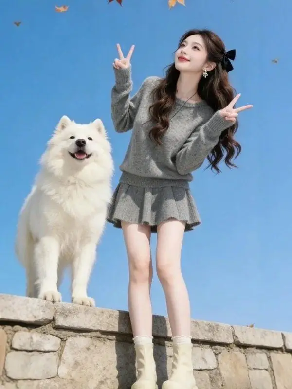 

Женский комплект из вязаного свитера и юбки А-силуэта Lazy Sle: повседневный весенний образ с завышенной талией