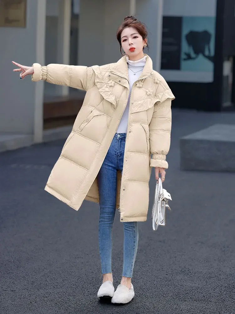 Chaquetas de plumas con flores en 3D y hojas con volantes populares de este año, nuevos abrigos de invierno para mujer, chaqueta de plumón elegante de Color sólido medio largo 2024