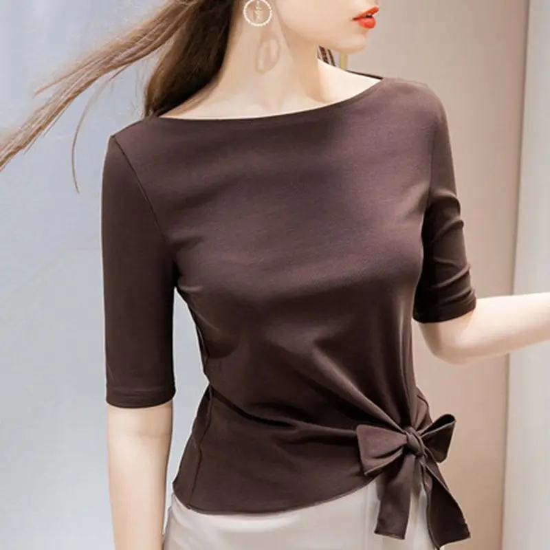 Women\'s Spring Fashion Simplicity Solid Color Bow Slash Neck Short Sleeve T-Shirt Women Clothes Elegant Temperament Slim Tops