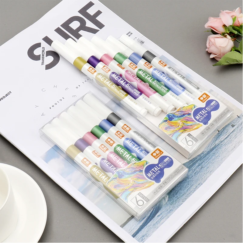 6 Colors Metallic Marker Pen Medium Point Metallic Markers for Rock Painting Black Paper Card Making Scrapbooking Crafts