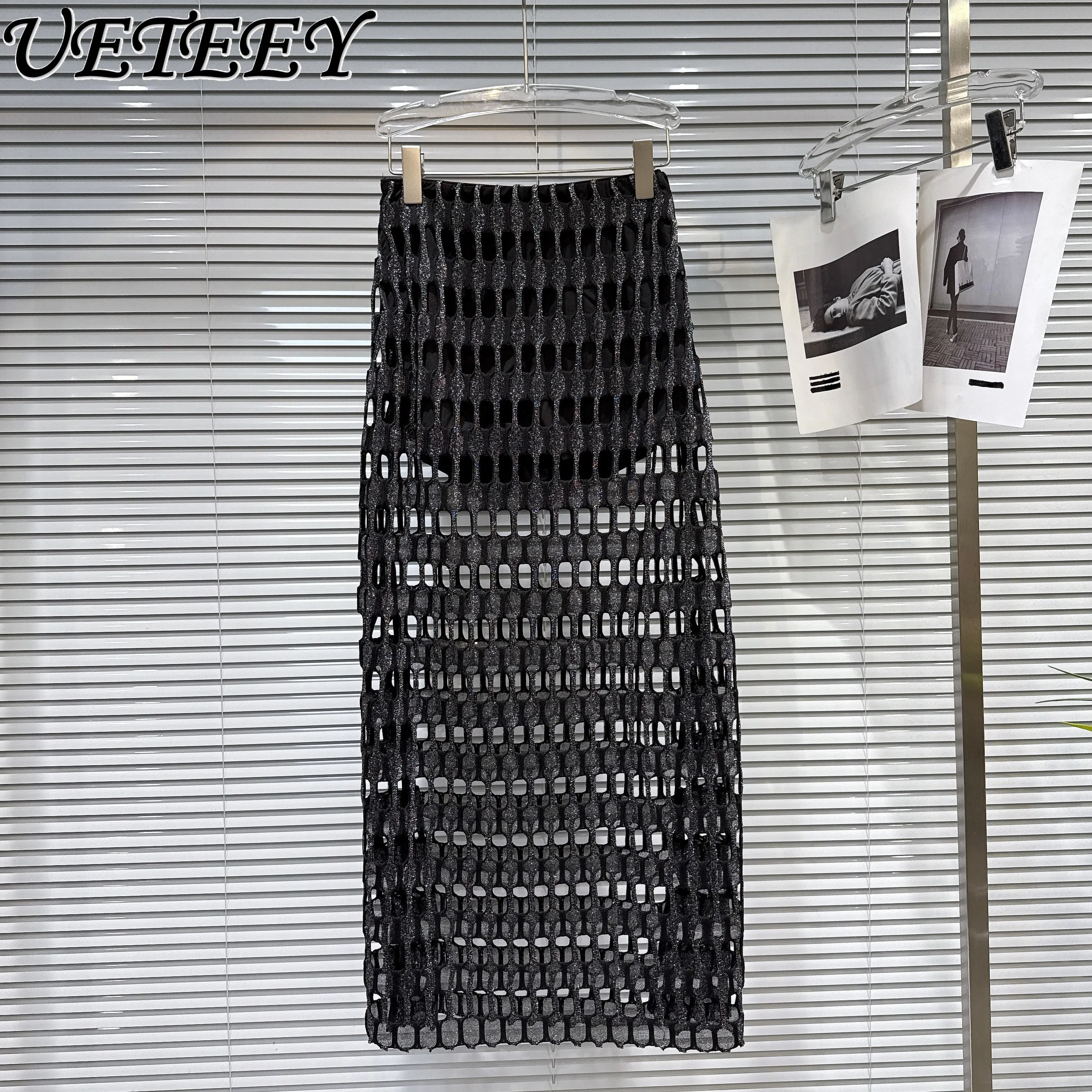 

Новая элегантная вязаная юбка миди с ажурной вязкой и эластичной талией для женщин, универсальная черная длинная юбка до бедер, коллекция Весна 2026