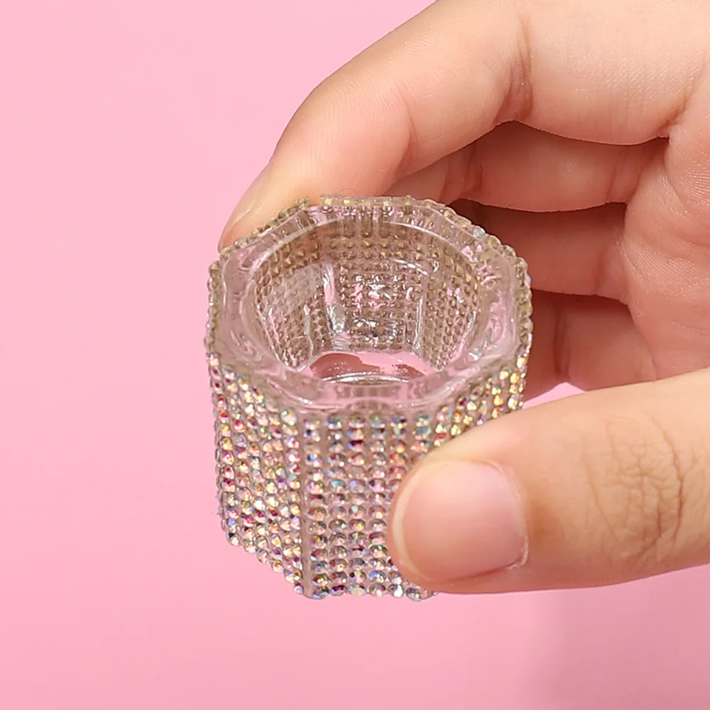 Mini vidro de cristal acrílico pequeno octogonal pó líquido copo de unhas escova de unhas limpo poder líquido strass tigela de mistura de luxo